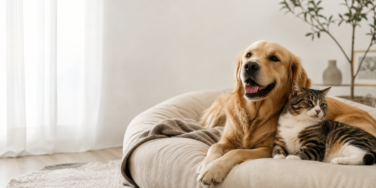 Cão e gato a descansar numa cama BaKay